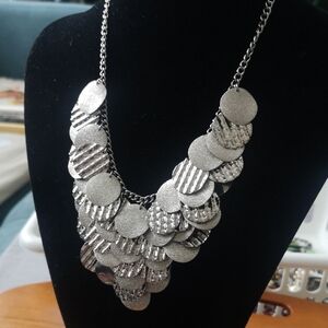 Unique Brutalist Statement Multi-layer Silver-tone Discs Bib Necklace 10"